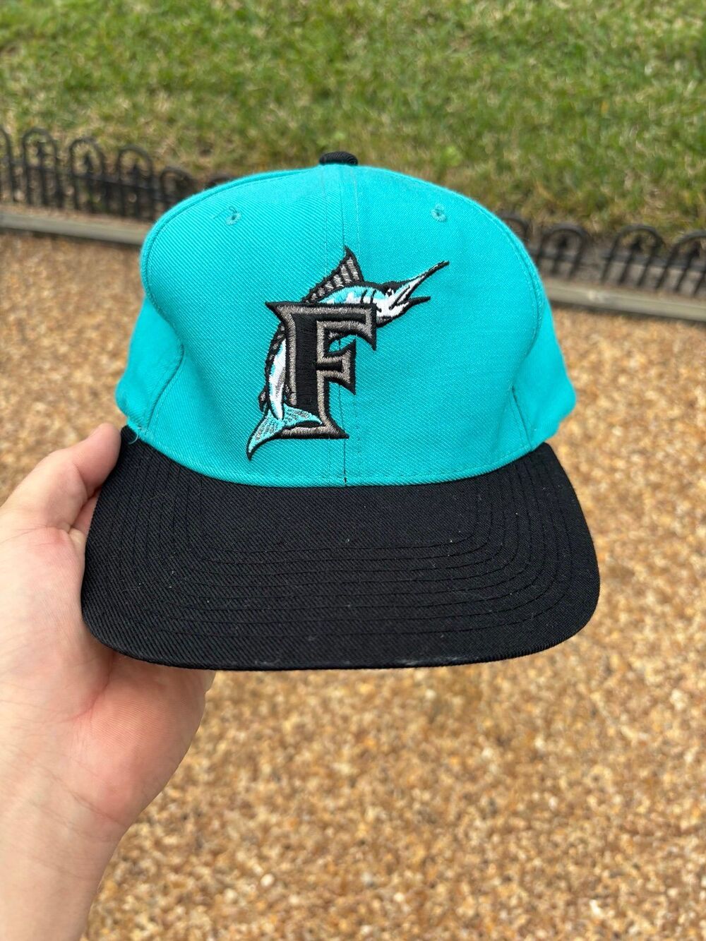 Vintage 90s Florida Marlins New Era Snapback Hat Teal Black MLB Baseball Cap